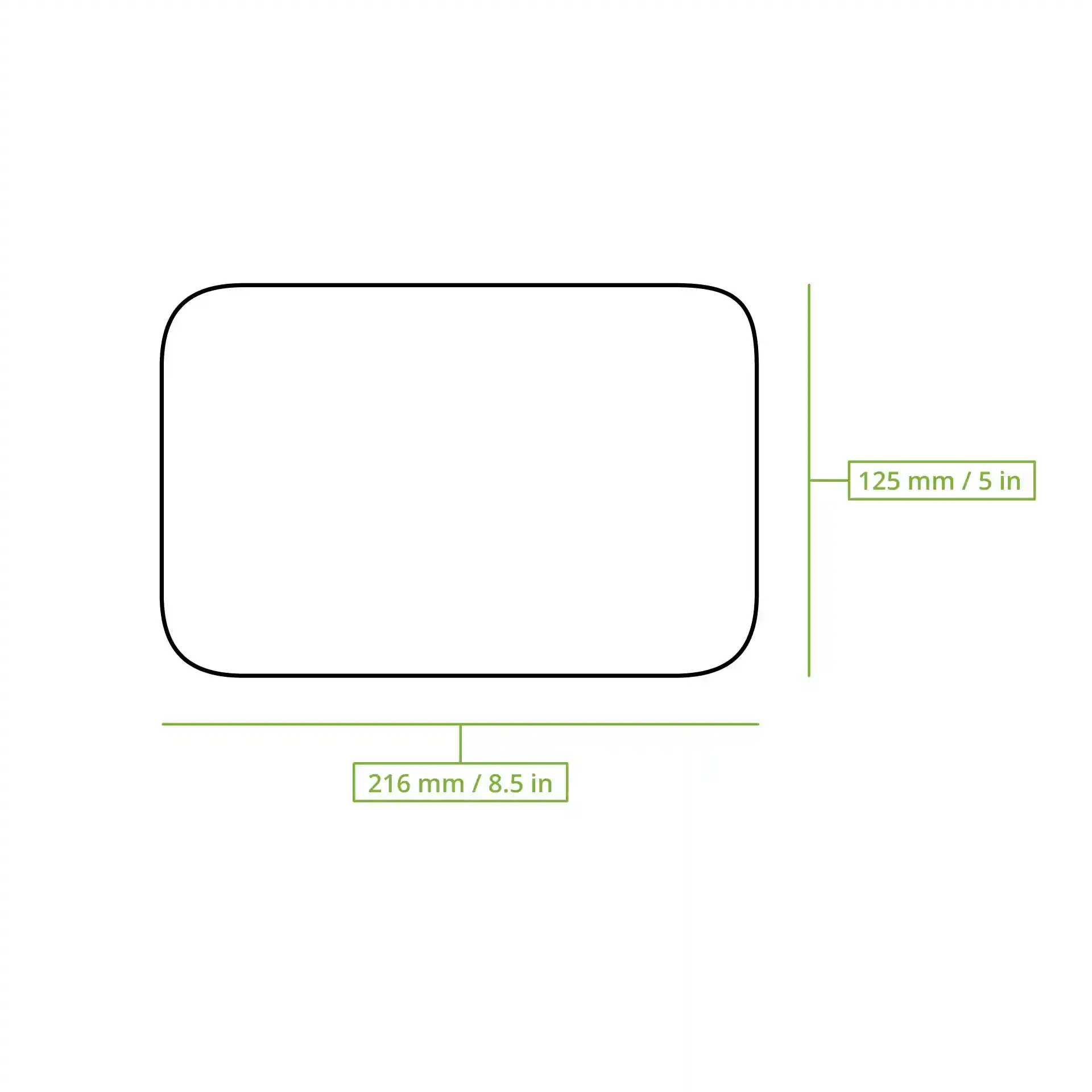 Schematic drawing of a rectangular lid with dimensions 216 mm by 125 mm.
