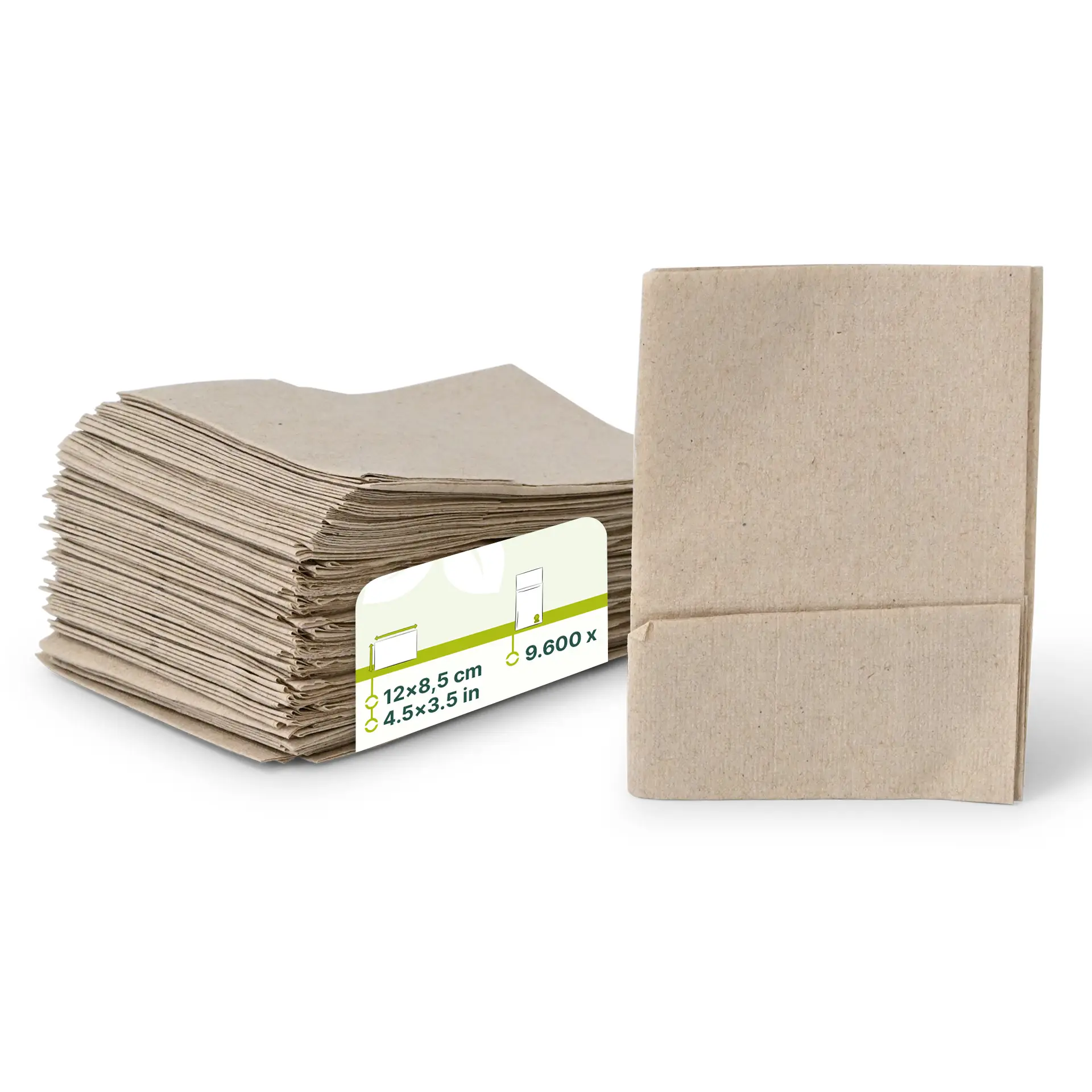 Stack of unbleached rectangular napkins made of rPaper, with a label showing dimensions and a recycling symbol.