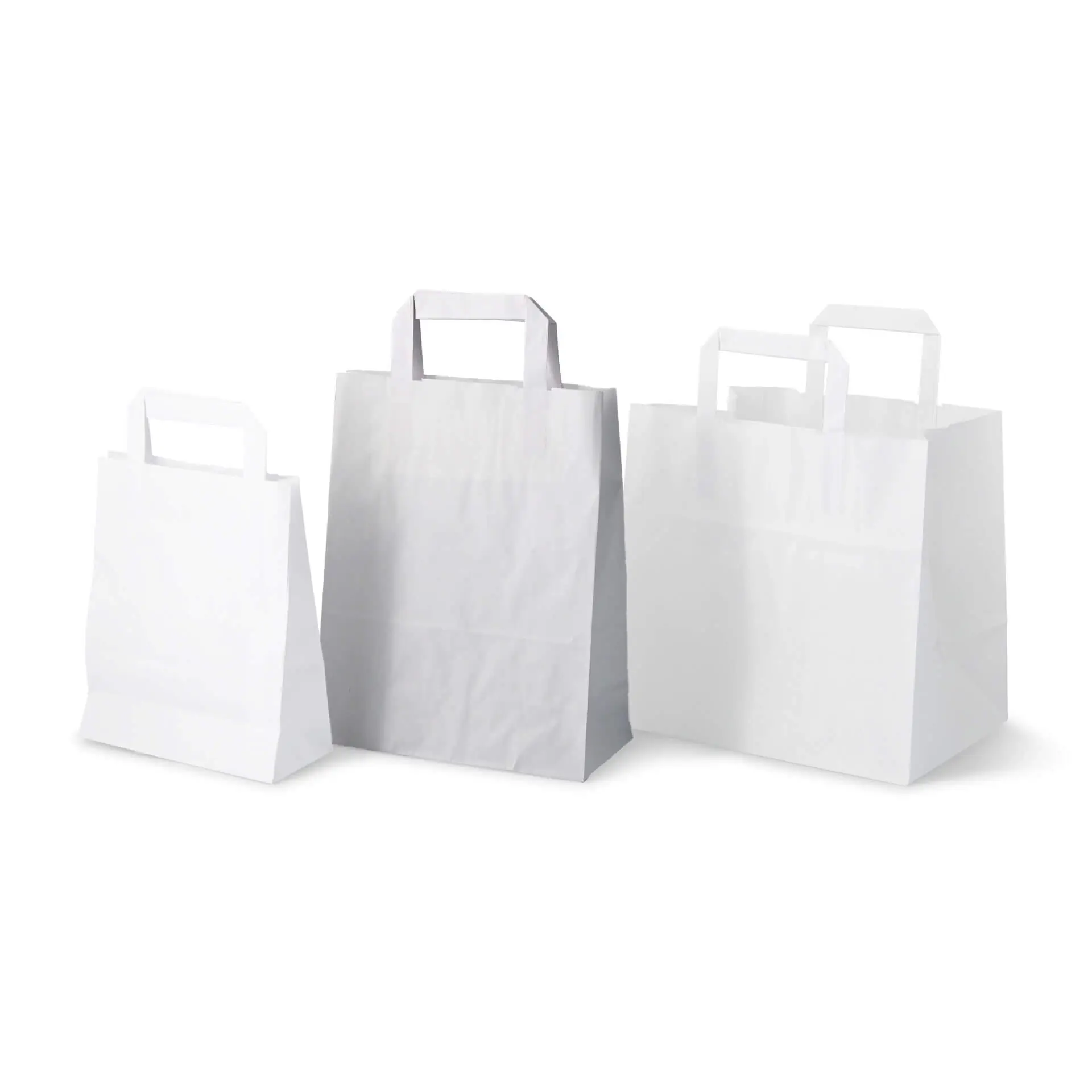 White paper carrier bags in three sizes; tear-resistant material, suitable as shopping and grocery bags.