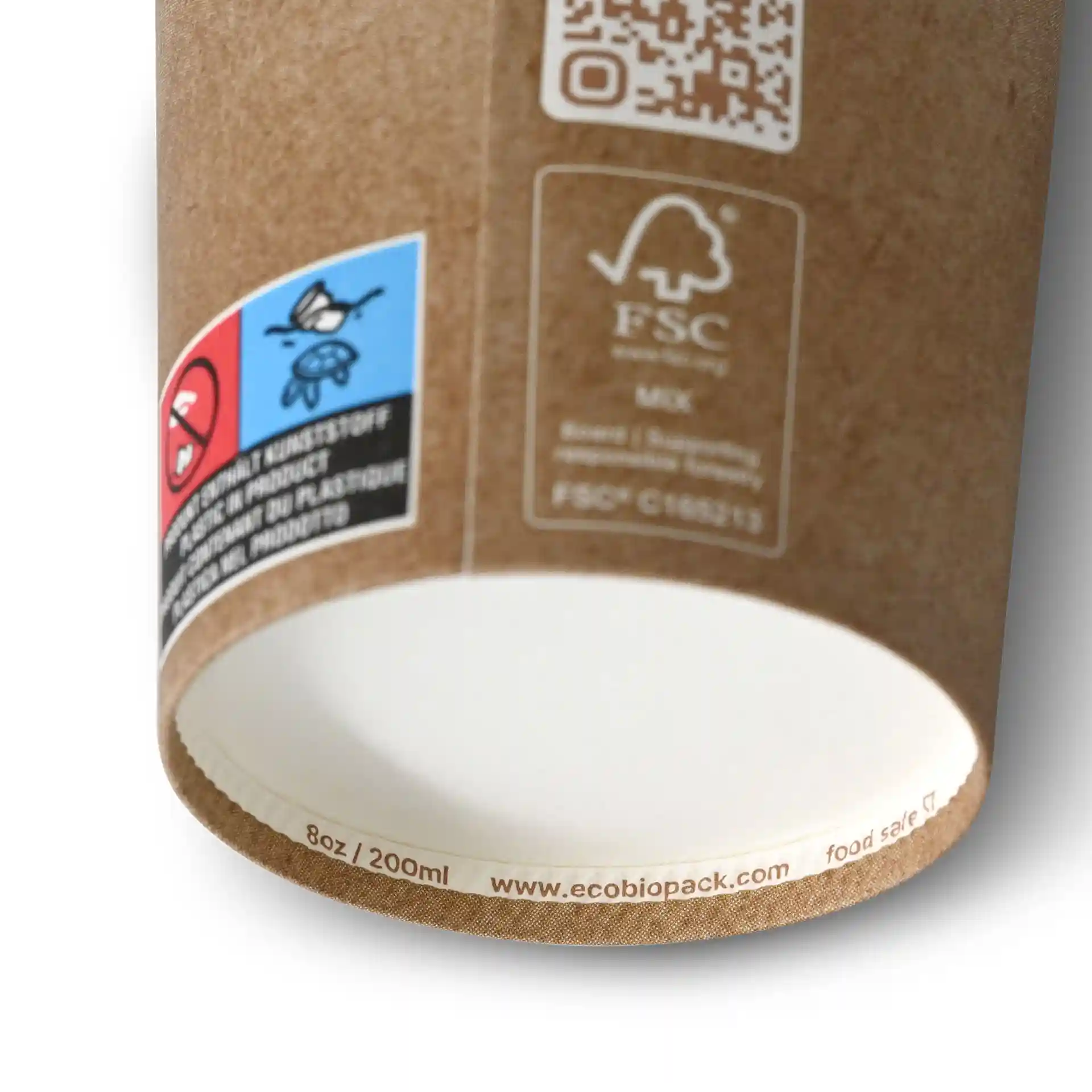 Brown paper cup with a white interior, 200 ml capacity, featuring various labels and markings on the exterior.