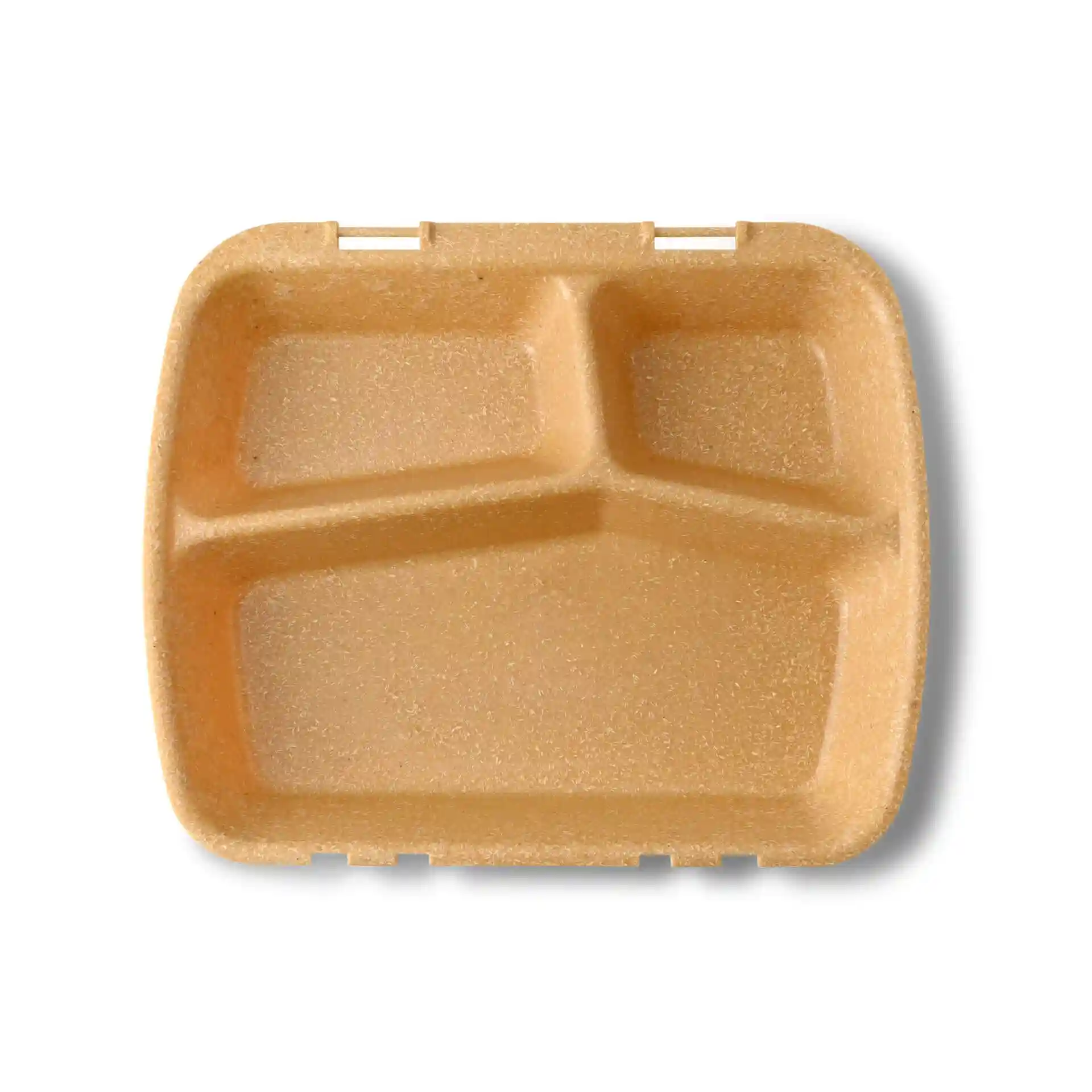 Brown reusable meal container with three compartments, measuring 24.5 x 20 x 4.5 cm.