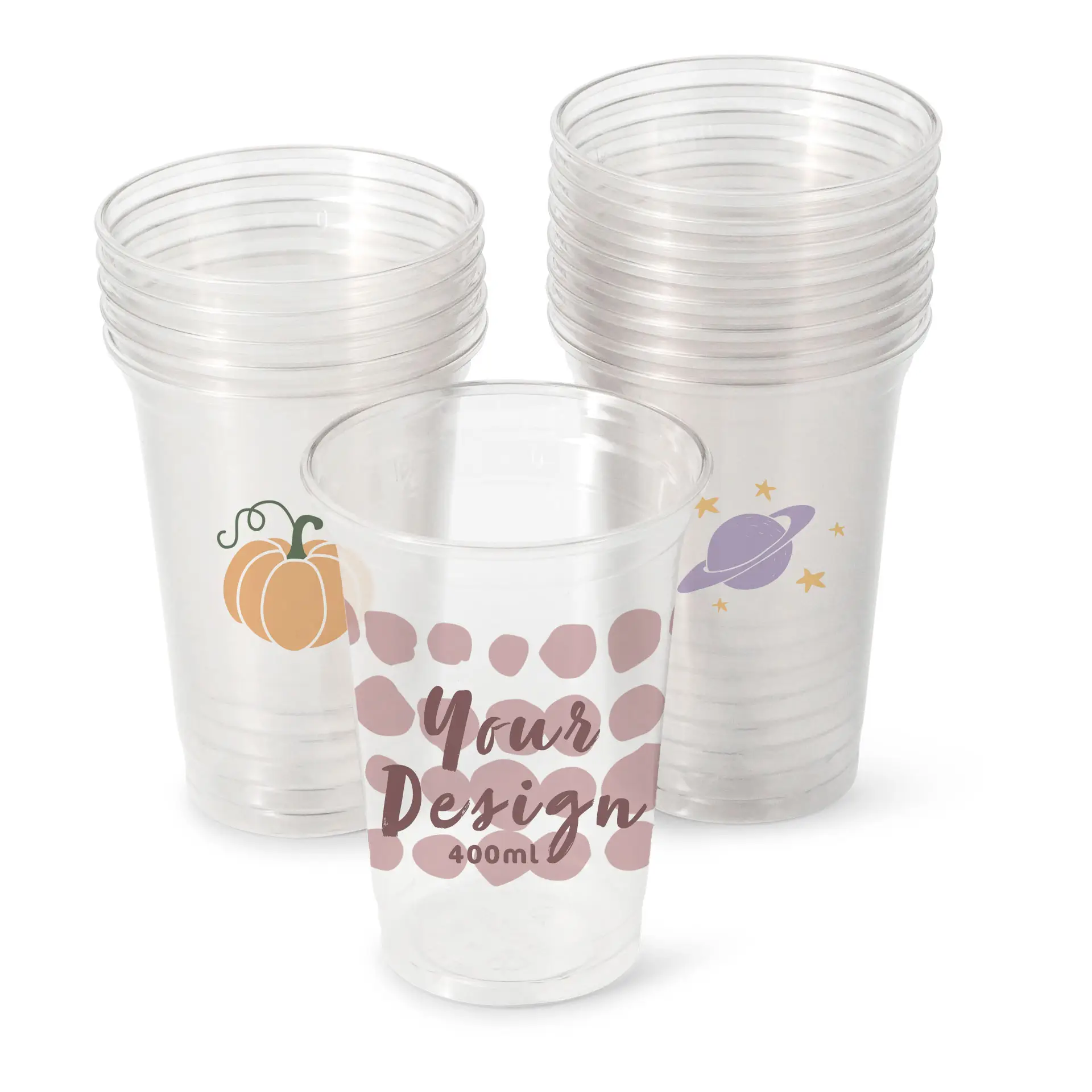 One clear 16 oz rPET cup featuring a design saying "Your Design," surrounded by several similar stacked cups with different graphics.