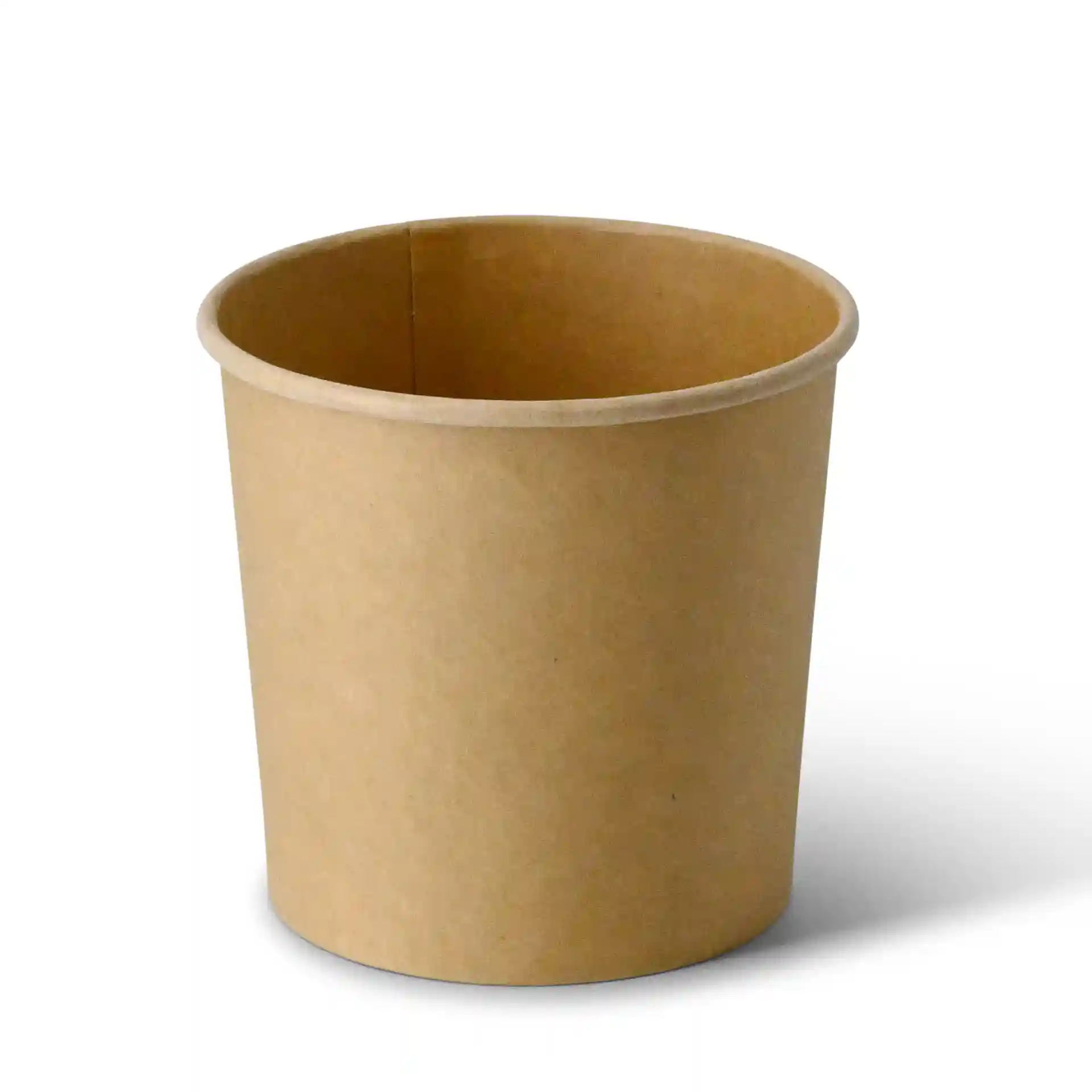 Brown cardboard soup cup with a round shape, 600 ml capacity, and dimensions of 108 mm height and 115 mm diameter.