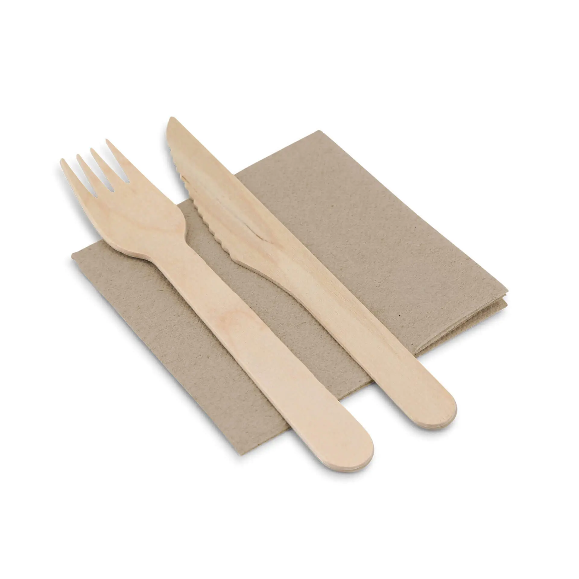 Wooden fork and knife placed on unbleached, square, 2-ply napkin with a recycled symbol.