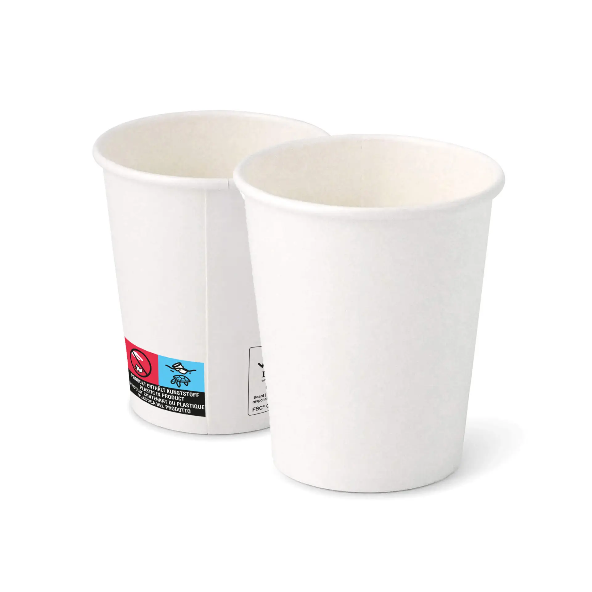 Two white 8 oz paper cups with a round shape and a coating, showing interior and exterior views.