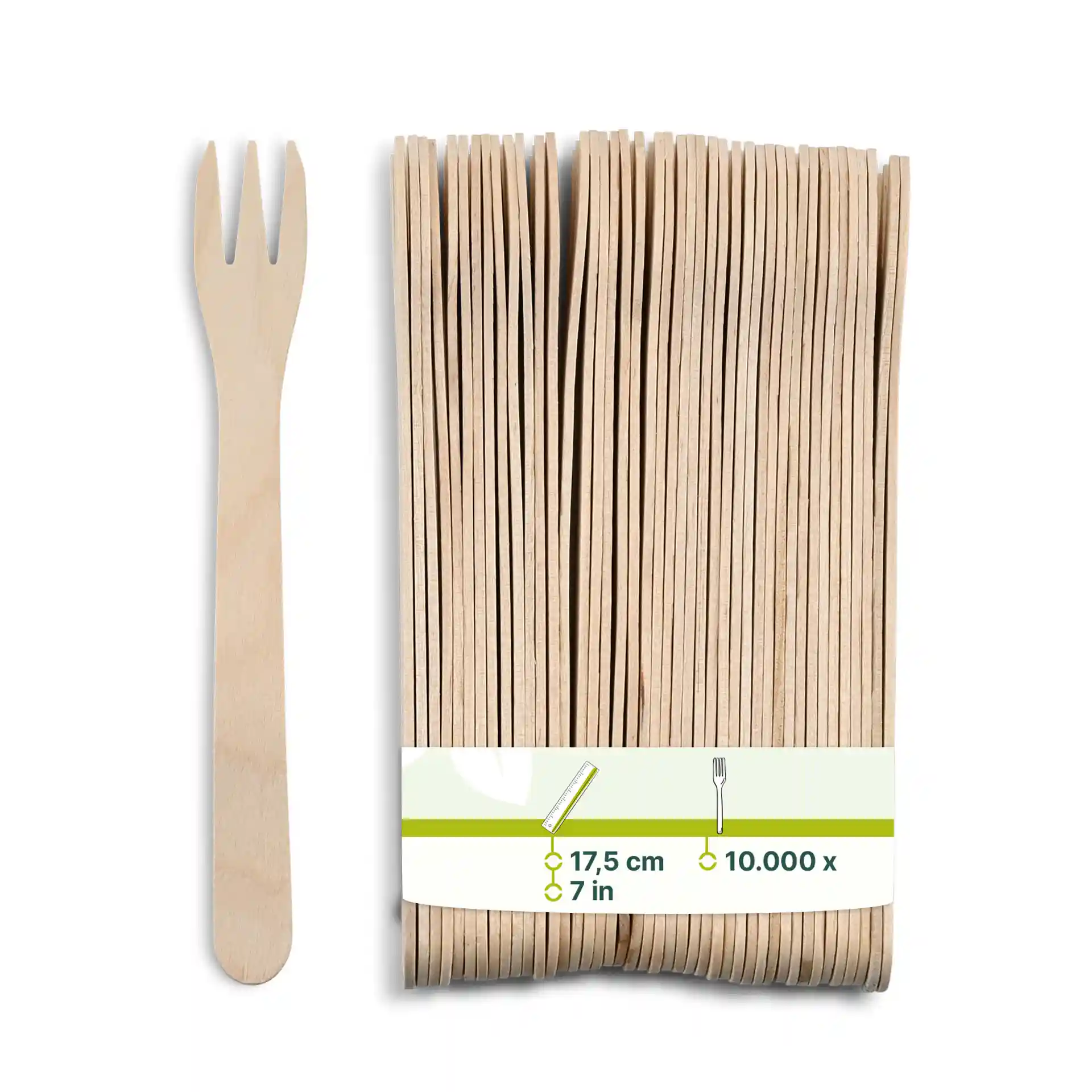 Wooden chip fork with three prongs, 17.5 cm long, next to a bundle of similar forks on a white background.