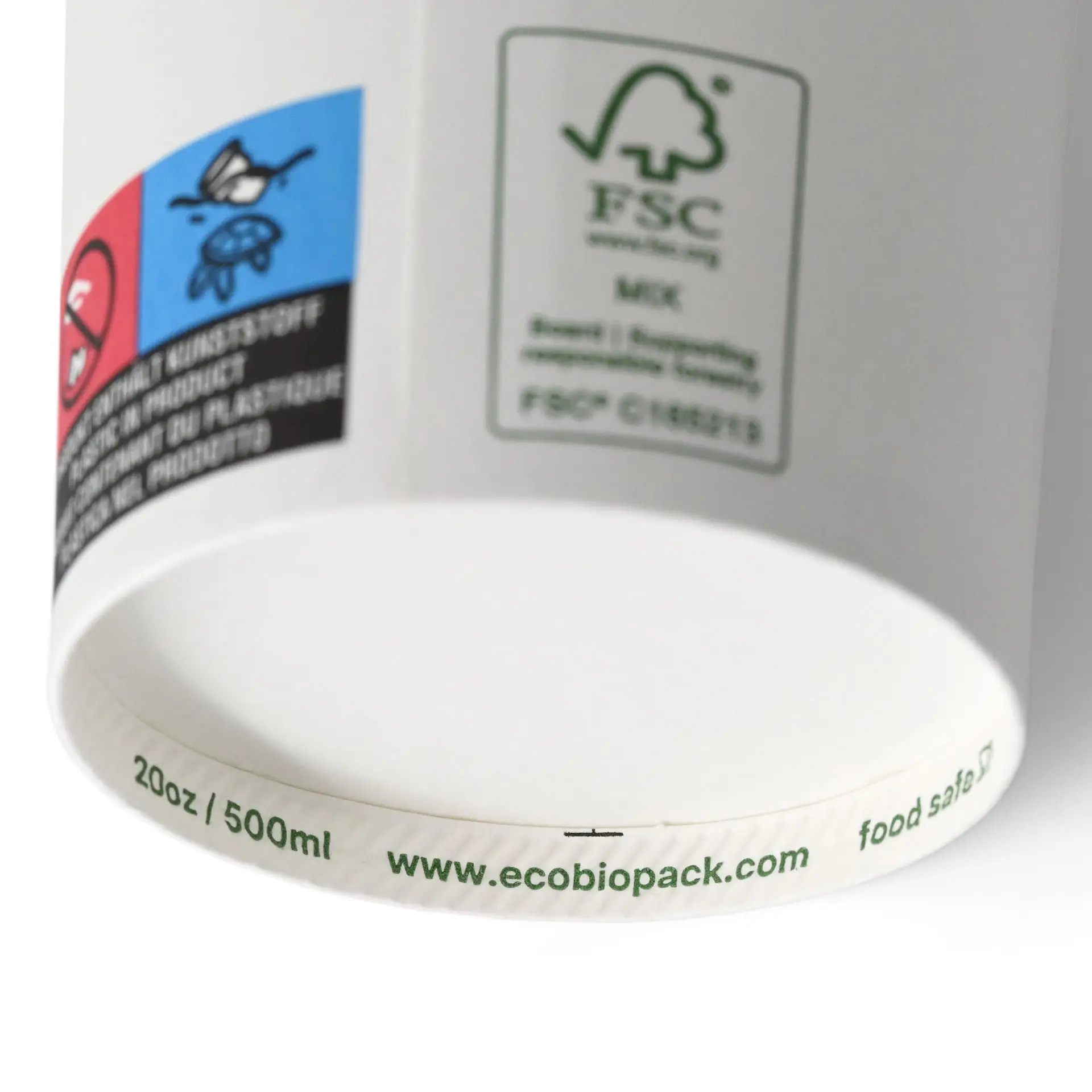 White single-wall paper cup, 500 ml, with PLA coating, features labels with recycling symbols and food safety markings.