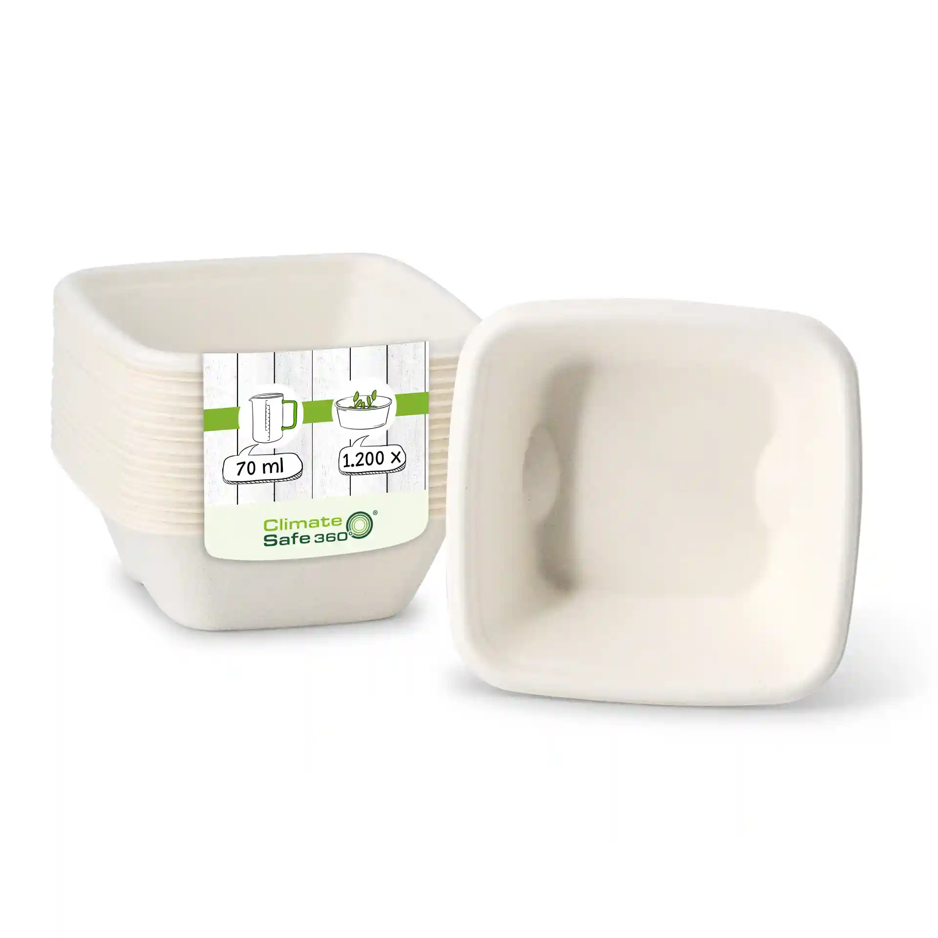 Square white bagasse portion cups, 70 ml, displayed with a label showing product details.