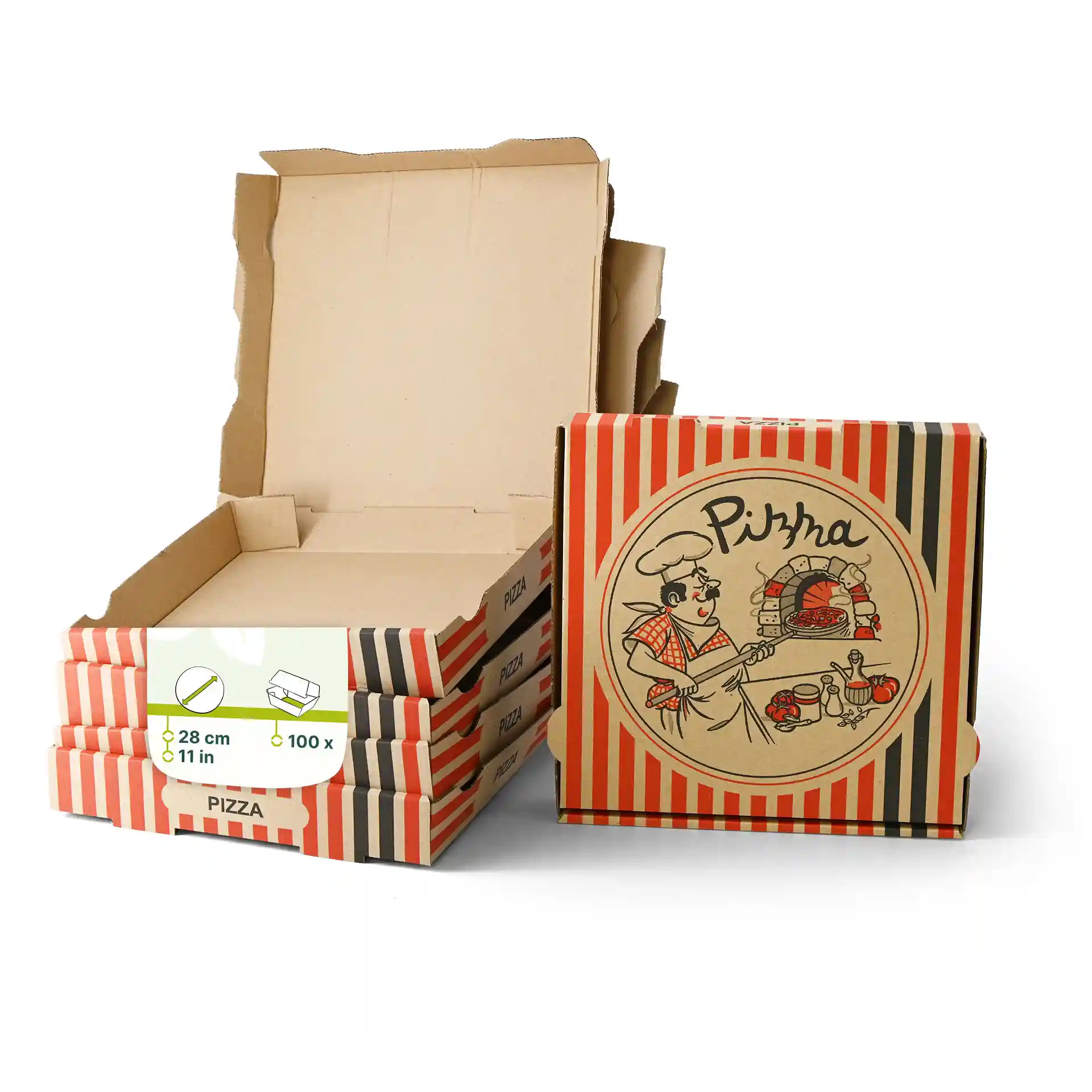 Cardboard pizza boxes with a pizza chef design, stacked with one box open, dimensions 28 x 28 x 4 cm.