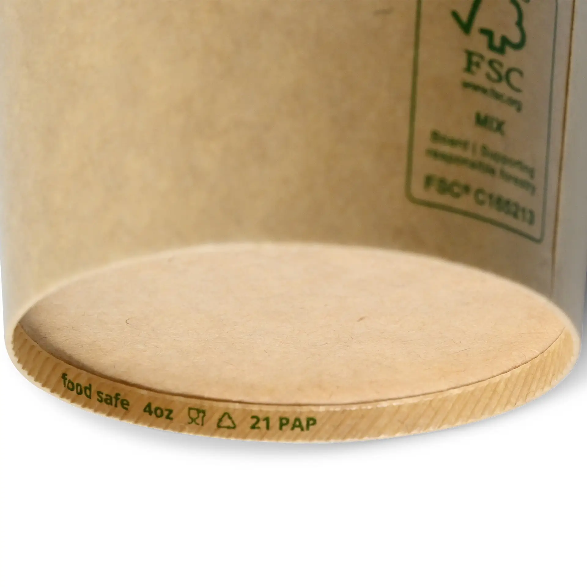 One brown paper cup with a round base, featuring a label indicating it is recyclable and food safe.