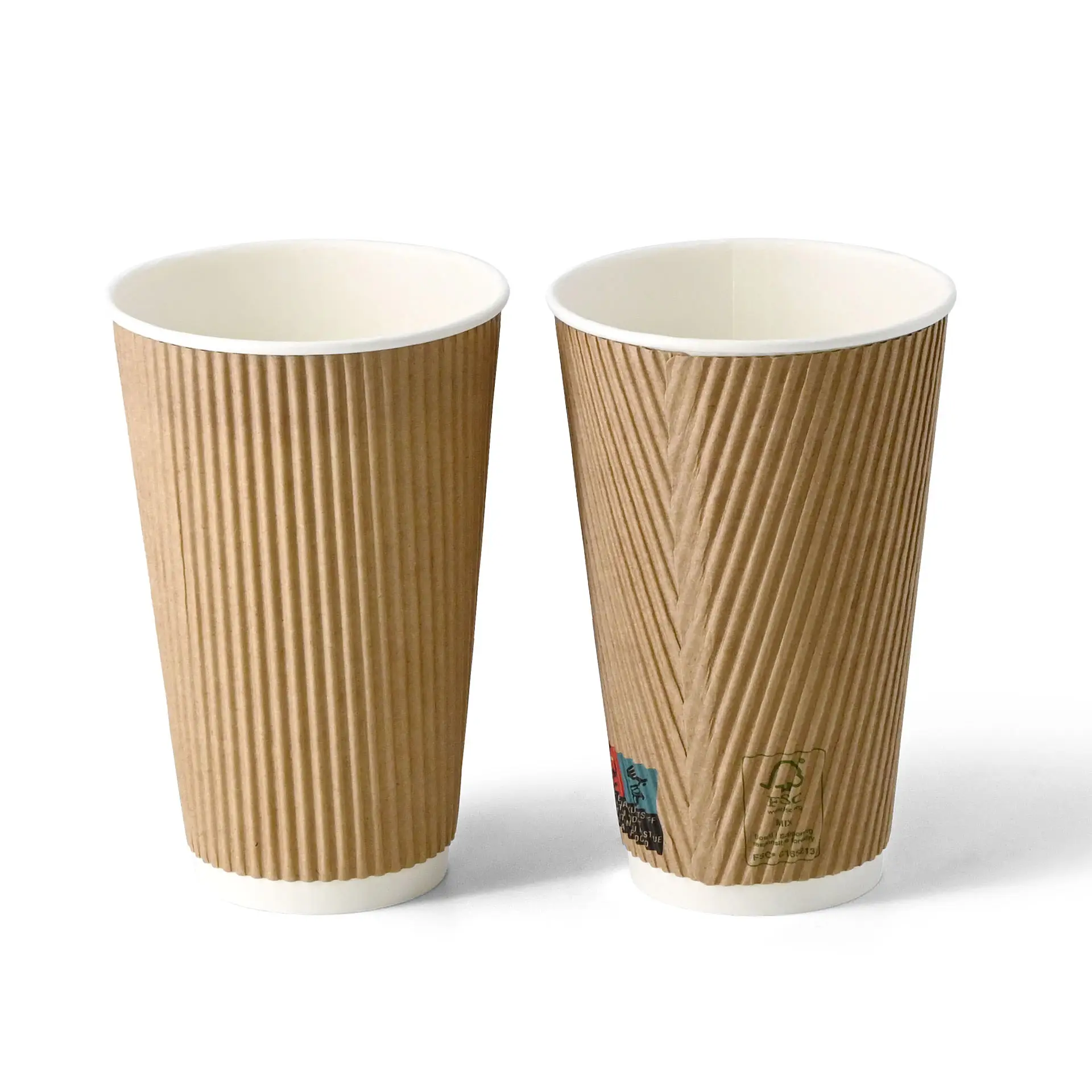 Two 16 oz ribbed coffee cups in brown with white interiors, featuring different ribbed patterns.