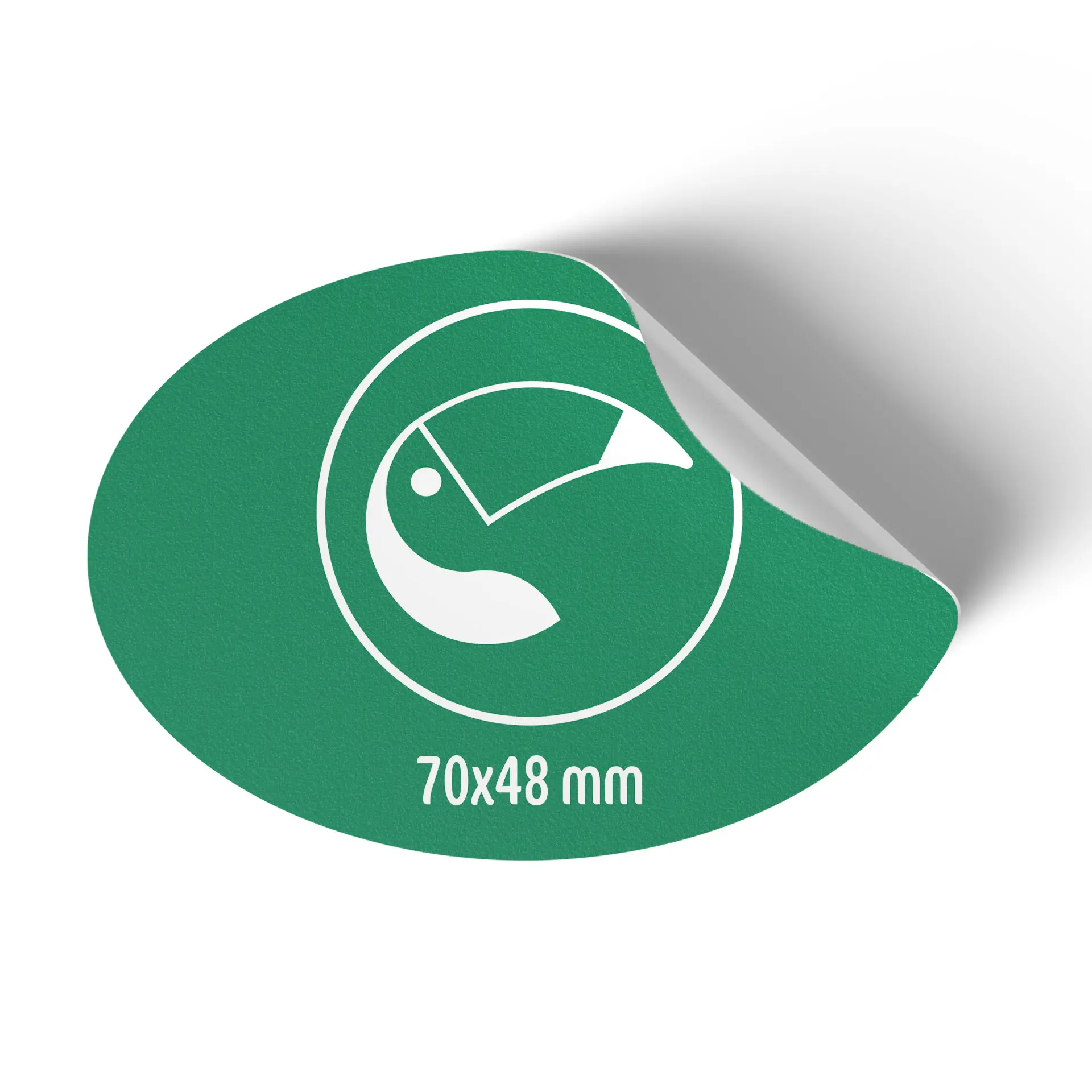 Oval green printed label featuring a design with a white icon, measuring 70x48 mm, with a corner slightly curled.