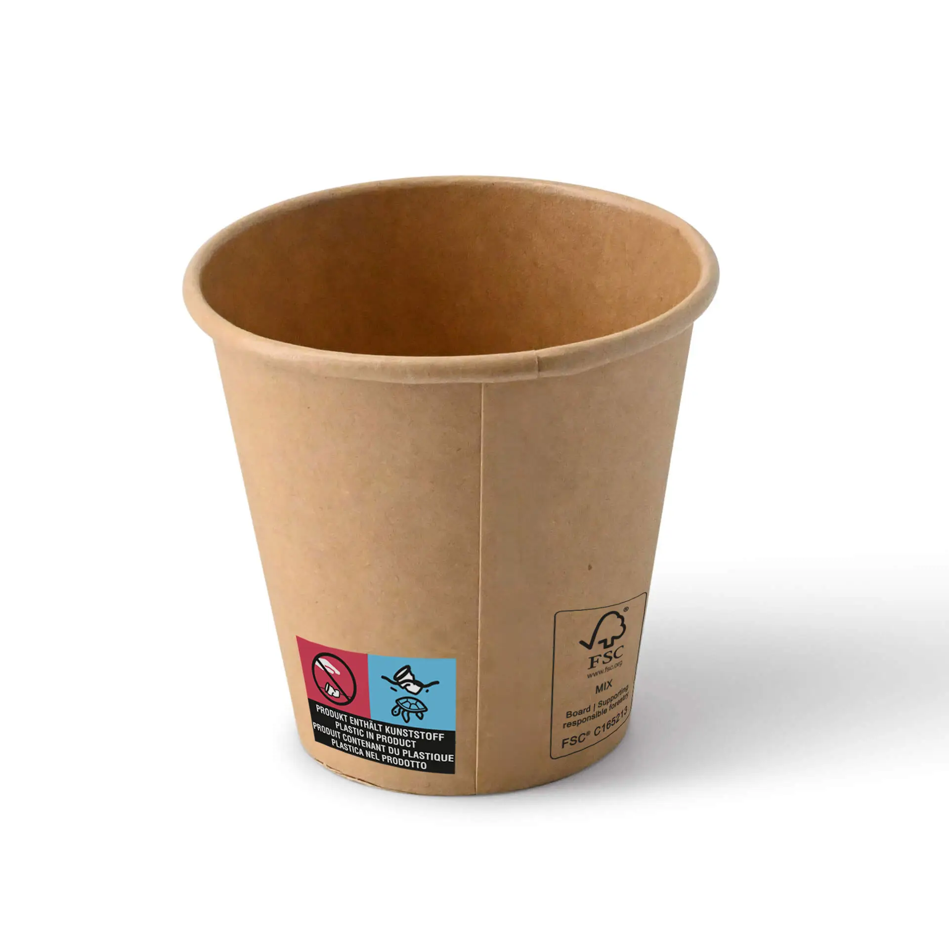 6 oz brown paper cup with PE coating; designed for beverages in cafés or bakeries. Features printed symbols on the side.