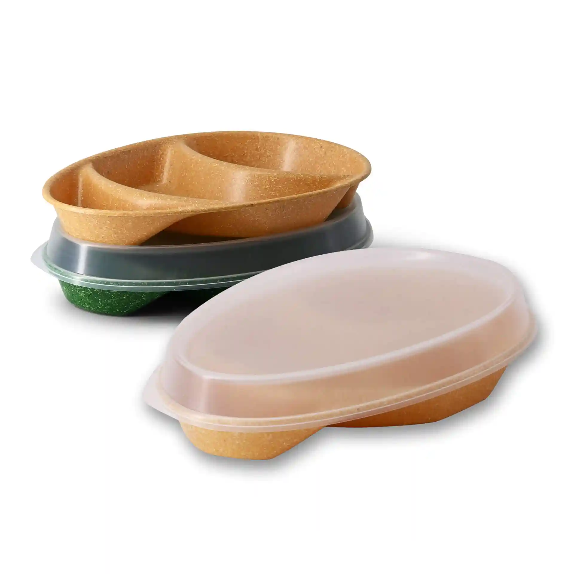 Three reusable menu plates with three compartments, featuring a caramel brown color and a teardrop shape.