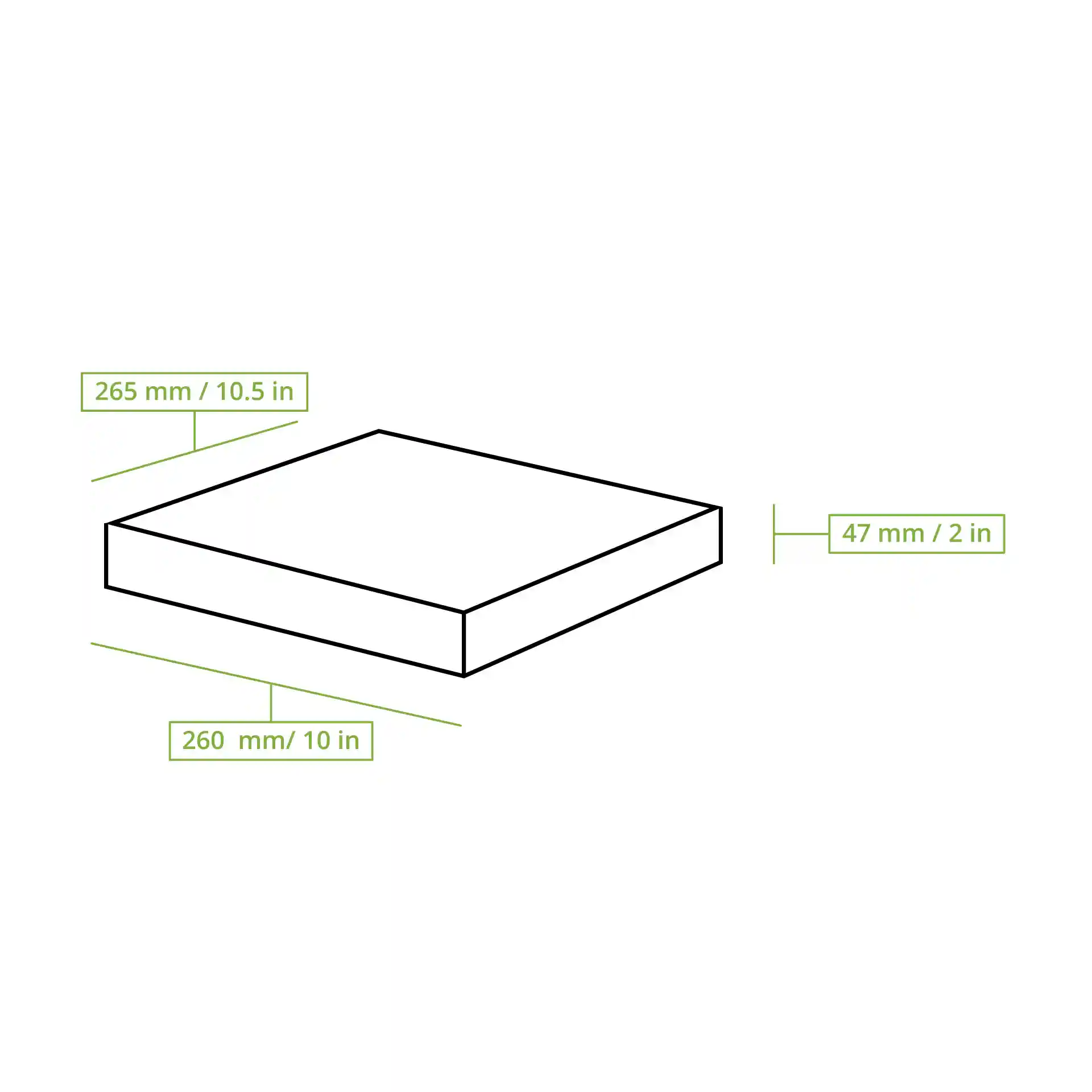 Schematic drawing of a square pizza box with dimensions labeled: 265 mm length, 260 mm width, and 47 mm height.