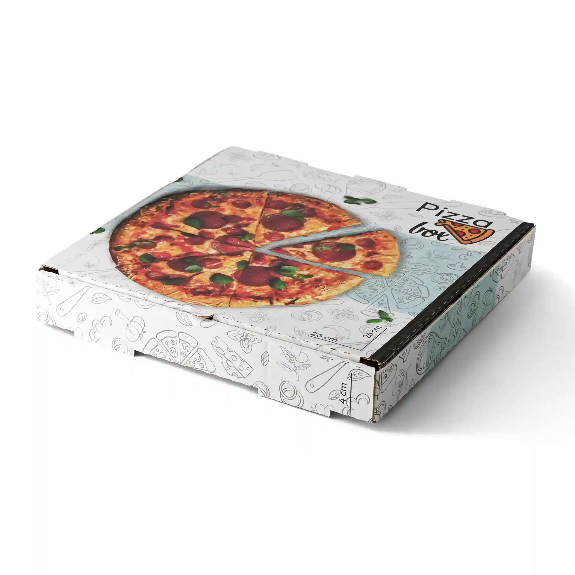Pizza box with a printed pizza design on top, dimensions 26 x 26 x 4 cm, featuring a white background.