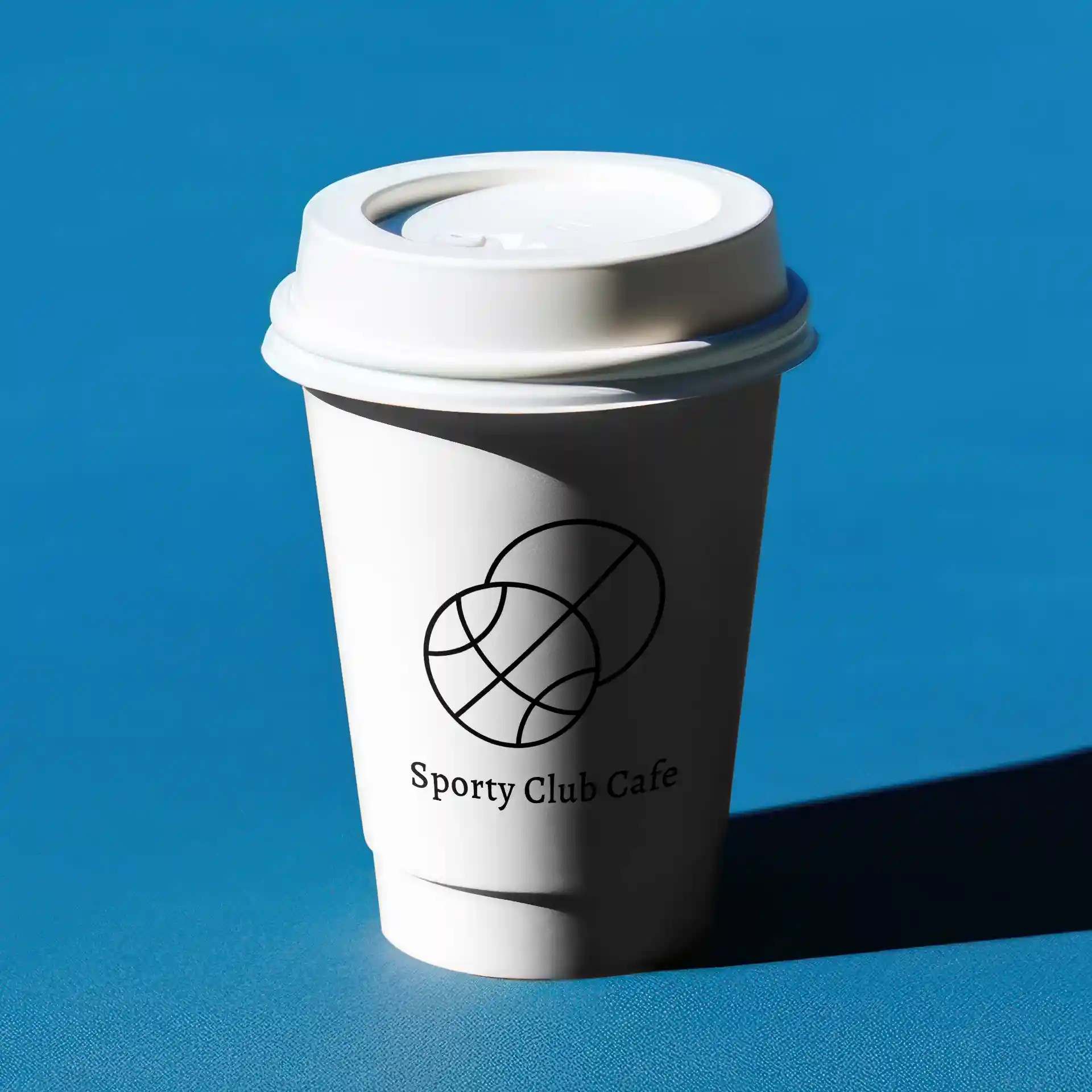 White double-walled paper cup with a lid, featuring a black line drawing of two basketballs and text below.