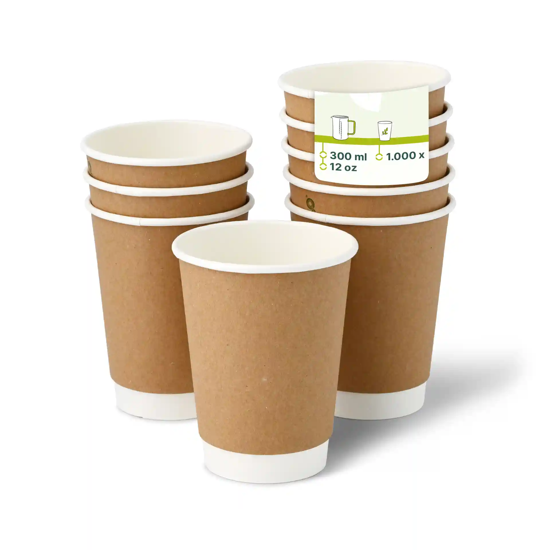Brown double-walled cardboard coffee cups with white inner lining, stacked with one cup on top.